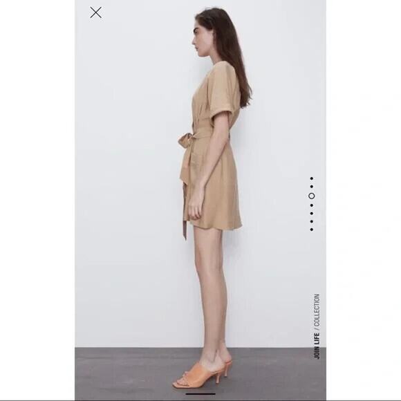 Zara Sand Short Linen Blend Dress With Belt Size S - Picture 2 of 9